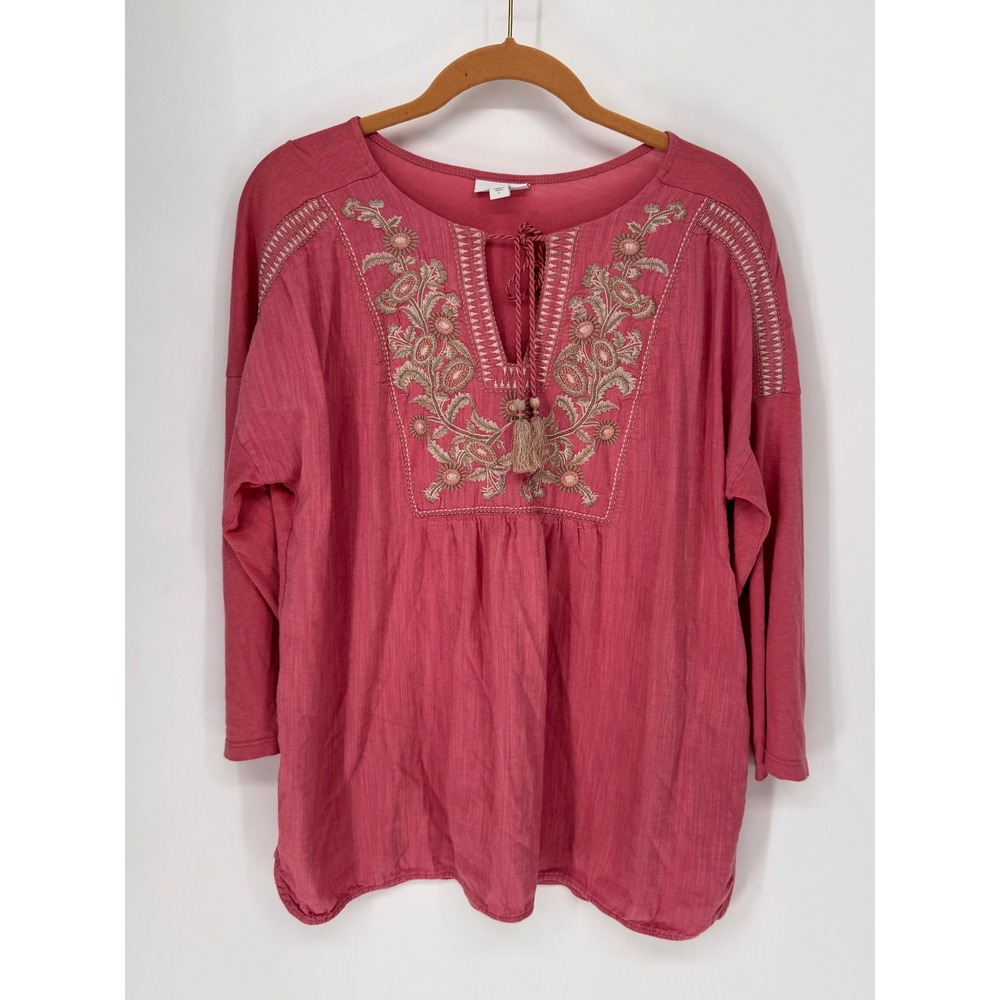 J. Jill Top Womens L Pink Embroidered Tassel Boho Mixed Media Long Sleeve Boho